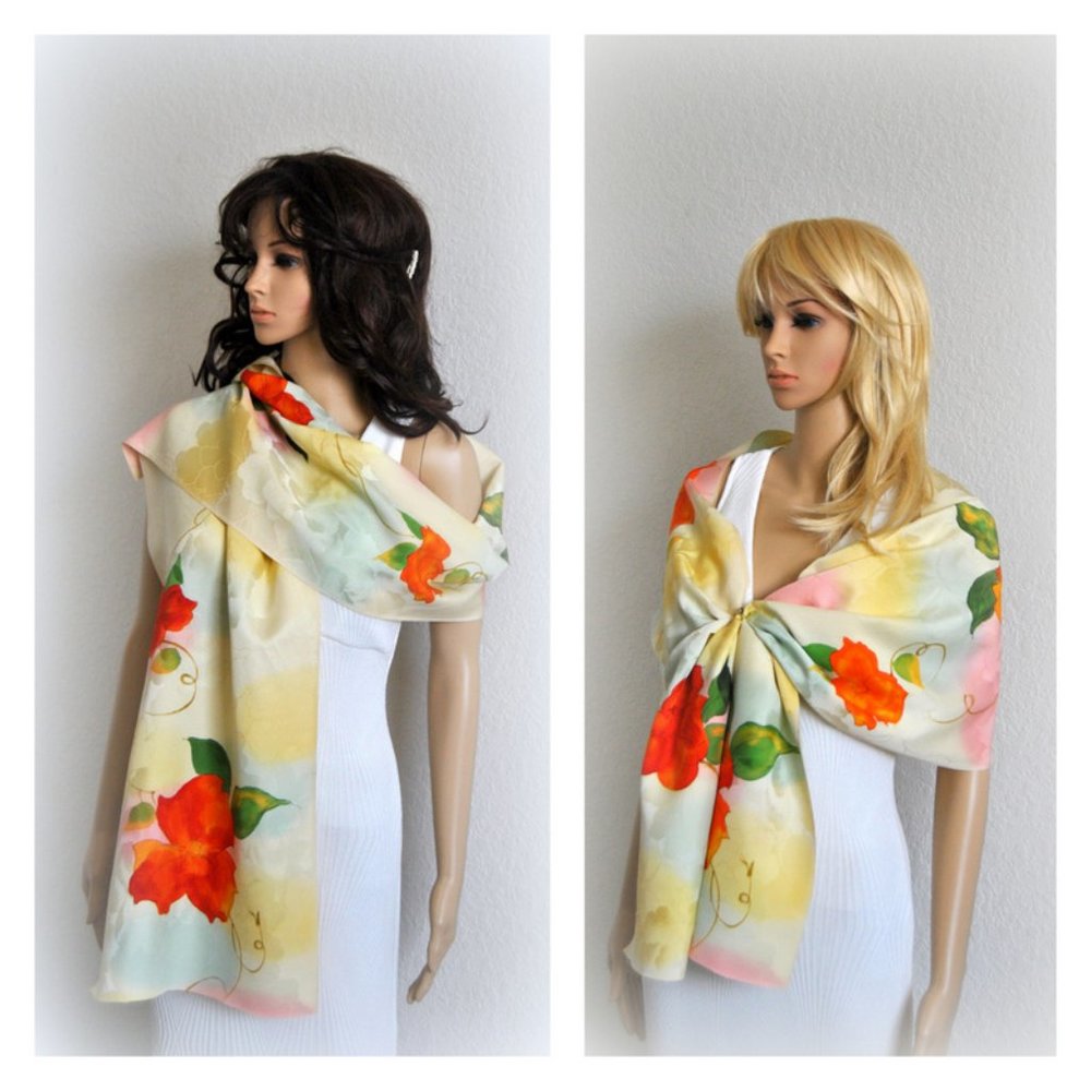 Handpainted Blossoms Japanese Silk Wrap Shoulder Shawl Stole